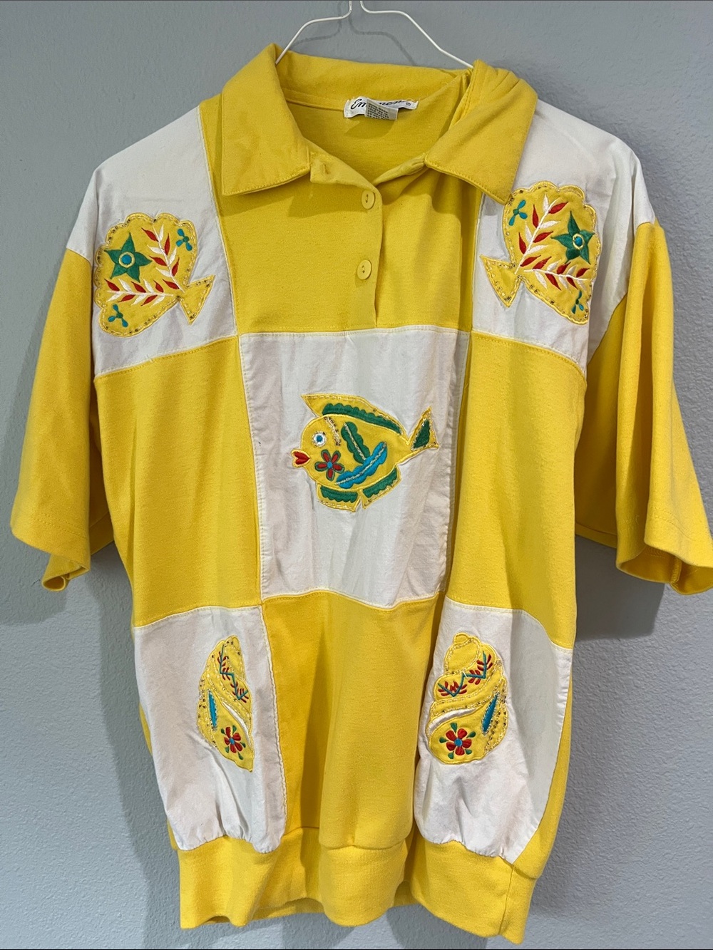 Costal Grandma Yellow and White Embroidered Fish Patch Polo Small